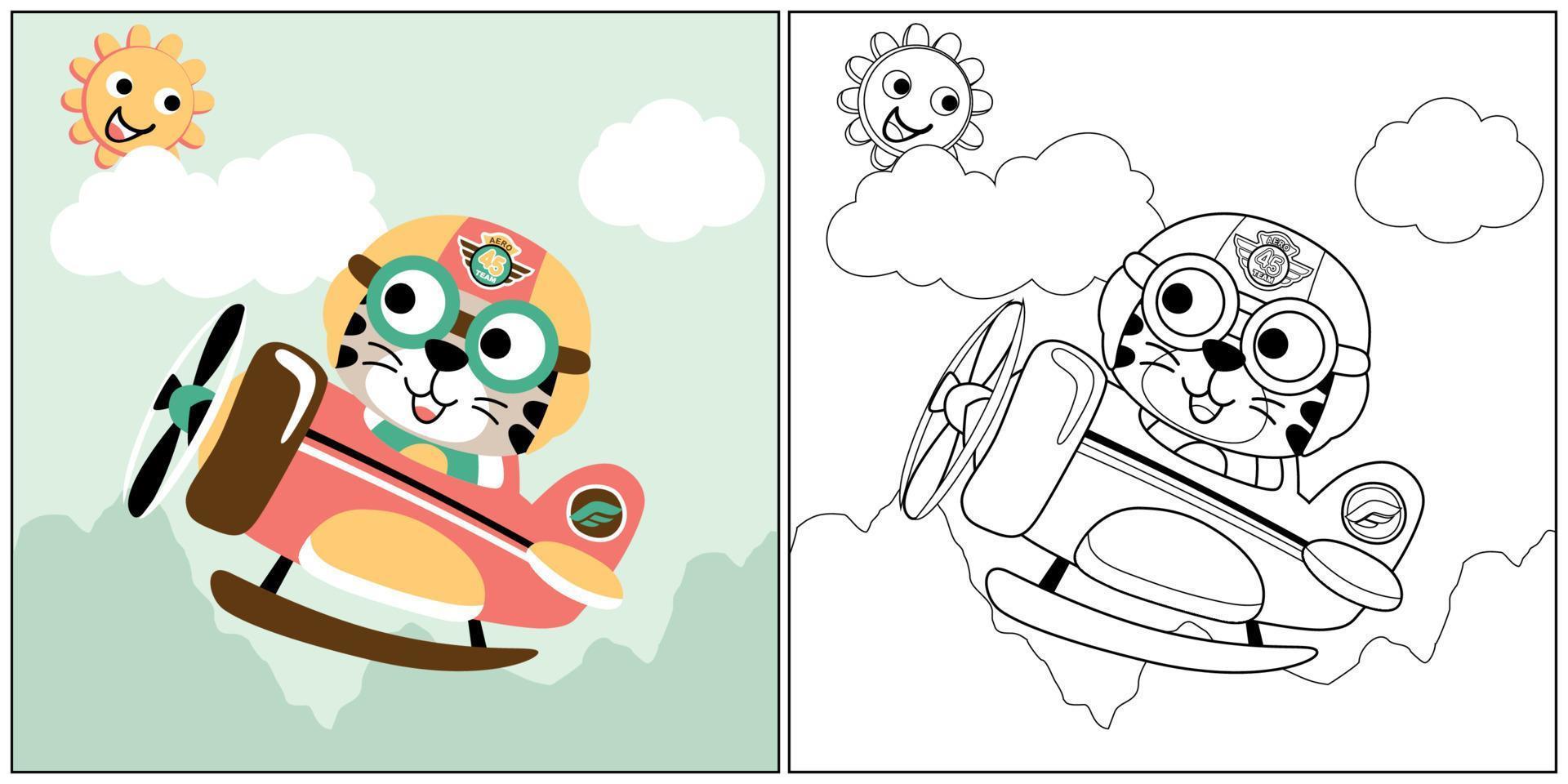 vector cartoon of funny tiger on airplane with smiling sun in sky, coloring book or page