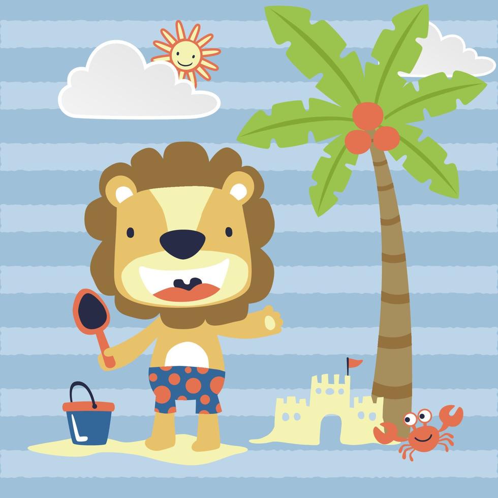 linda león en el playa con cangrejo a verano día festivo, vector dibujos animados ilustración