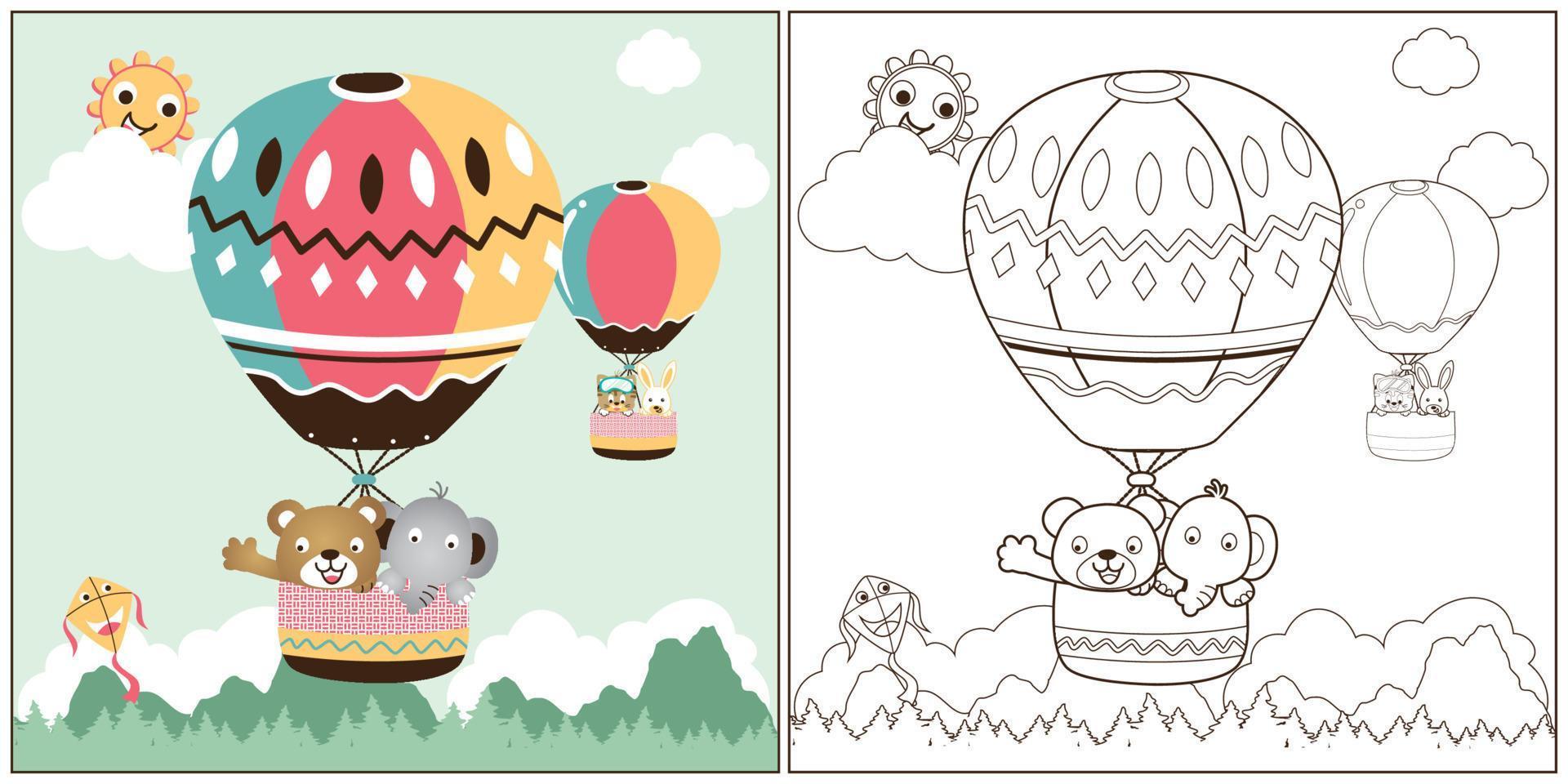 vector dibujos animados de caliente aire globos con linda animales, colorante libro o página