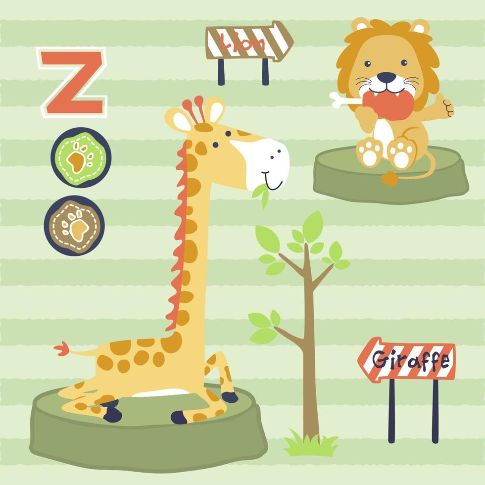 Funny giraffe eat leaves, lion eat meat, vector cartoon illustration