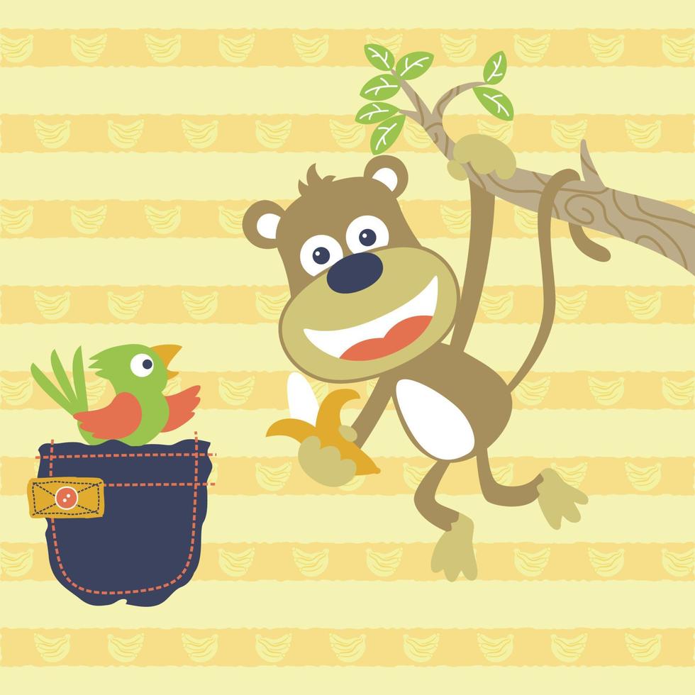 vector cartoon of cute monkey hanging in tree branches while holding banana, bird in pocket on striped banana background