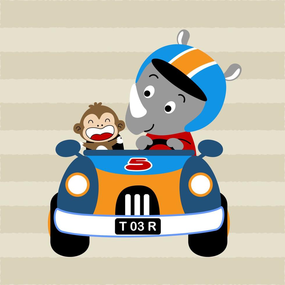 vector dibujos animados de gracioso rinoceronte con mono en carreras coche