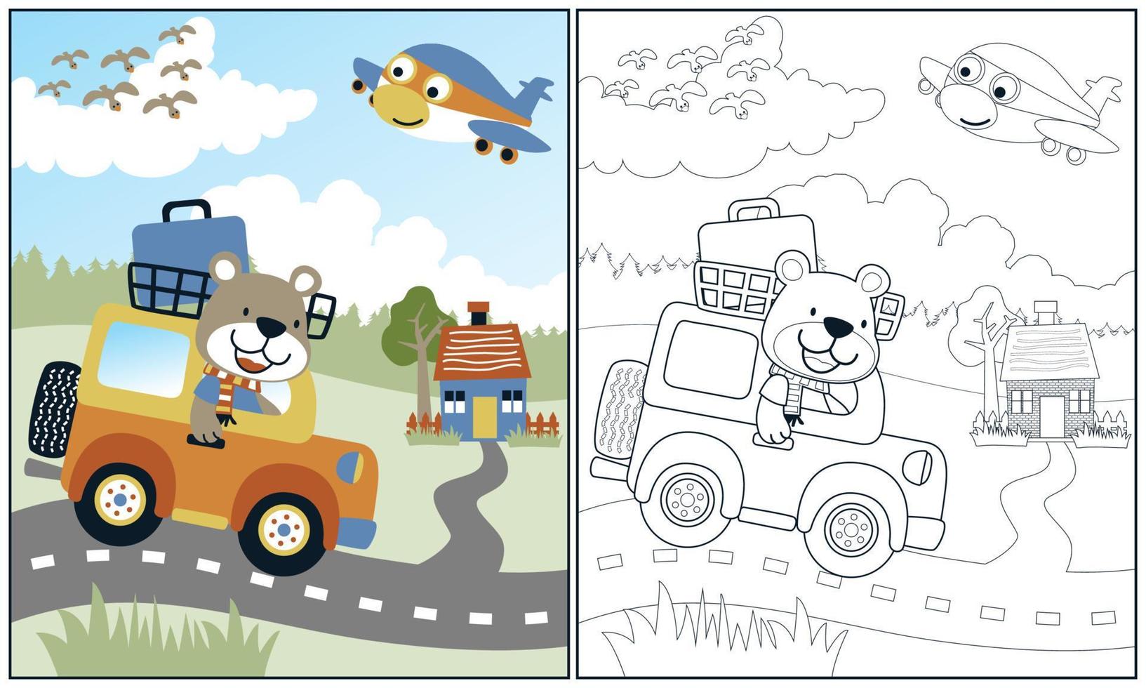 Cute bear driving car in rural road, funny airplane with birds on blue sky background, vector cartoon illustration, coloring book or page