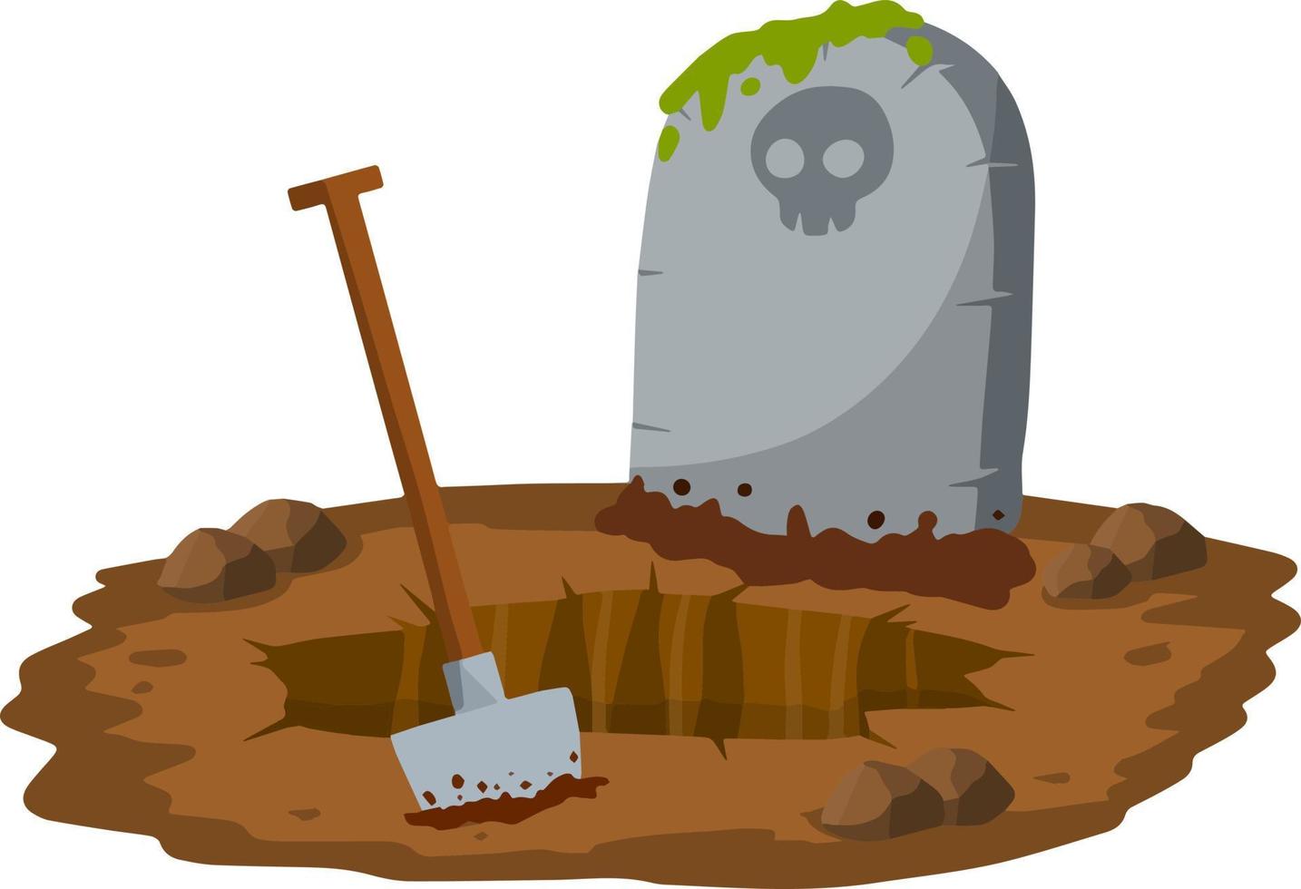 Stone tombstone stands on ground with grave. Celebration of Halloween. Skull on stone. Detail cemetery. Cartoon illustration vector