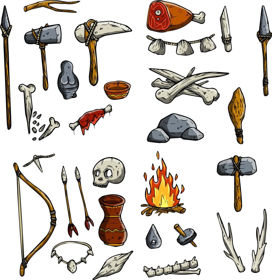 Set of items of primitive man and hunter. Weapons of caveman. Stone age hammer, axe and club. Lifestyle and tool. Cartoon illustration vector
