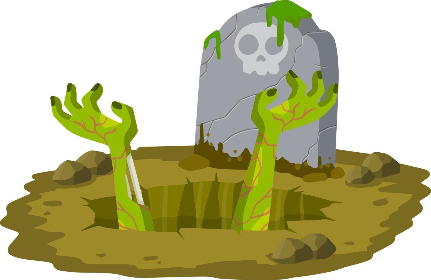 Grave. Hole in brown ground. Green hands of dead zombie. vector