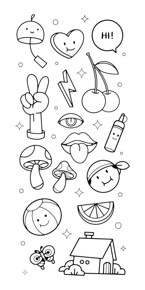 BW Groovy hippie 70s stickers. Funny cartoon flower, rainbow, fruit, home, heart in retro psychedelic style. isolated on white background. vector