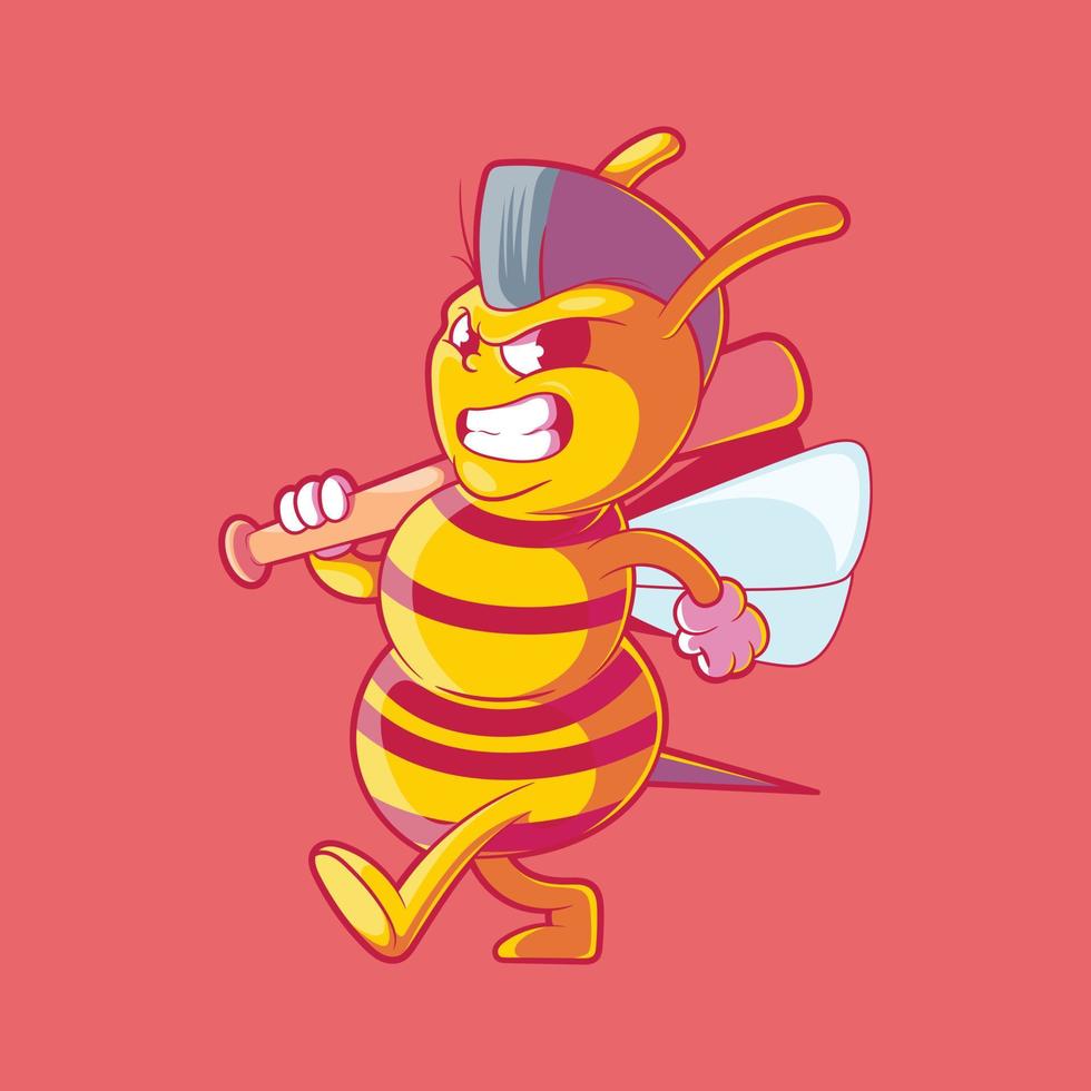 An Angry bee character walking with a baseball bat vector illustration. Sports, animal, brand design concept.