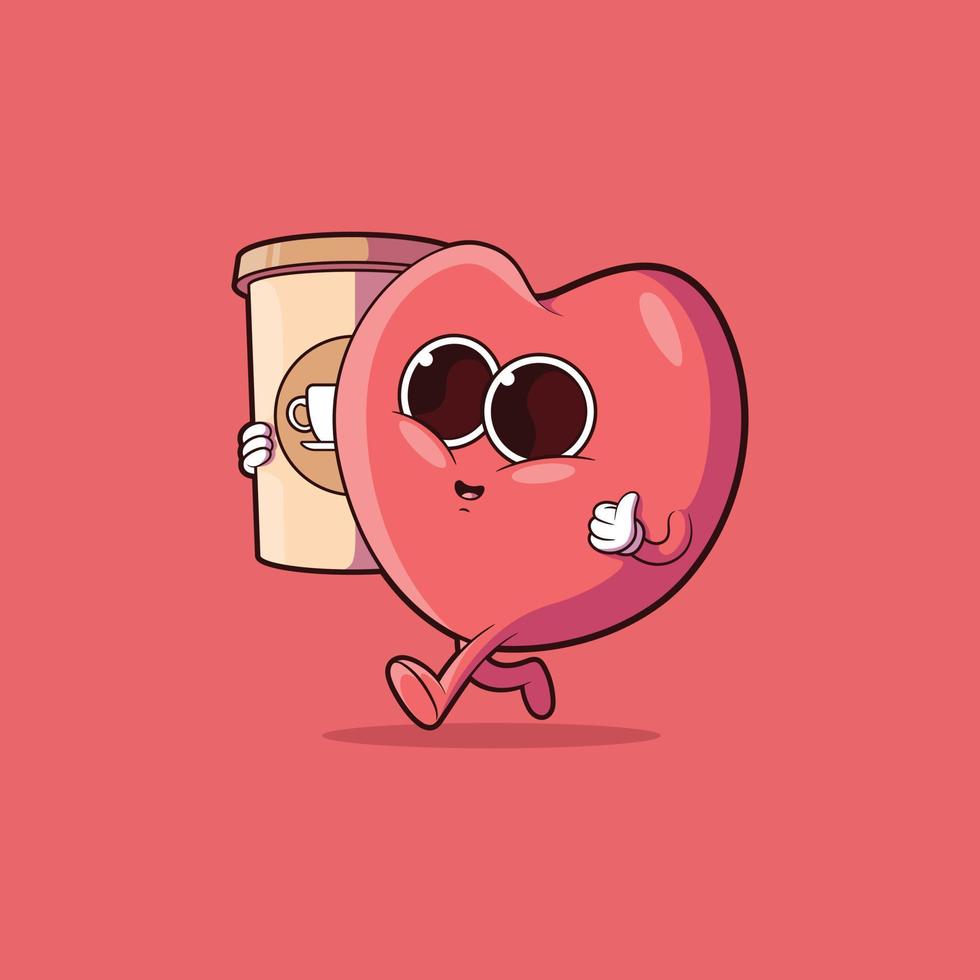 A heart-shaped character holding a coffee cup vector illustration. Drink, funny, motivation design concept.