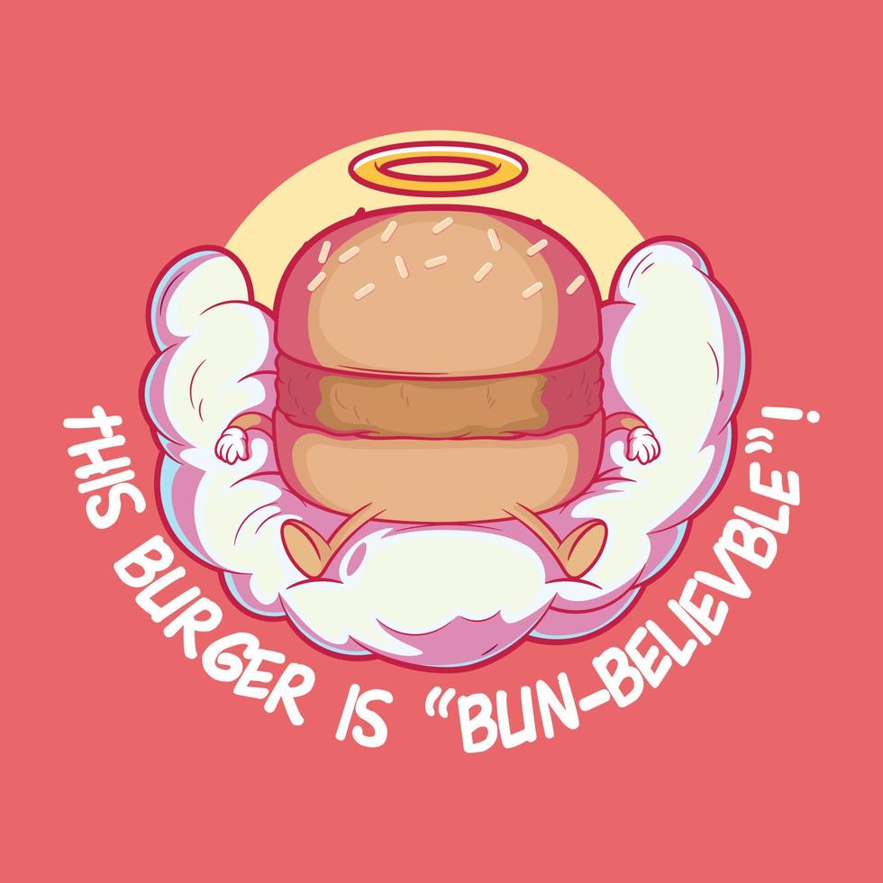 hamburguesa personaje es sentado en un nube con un aureola en parte superior vector ilustración. alimento, gracioso diseño concepto.