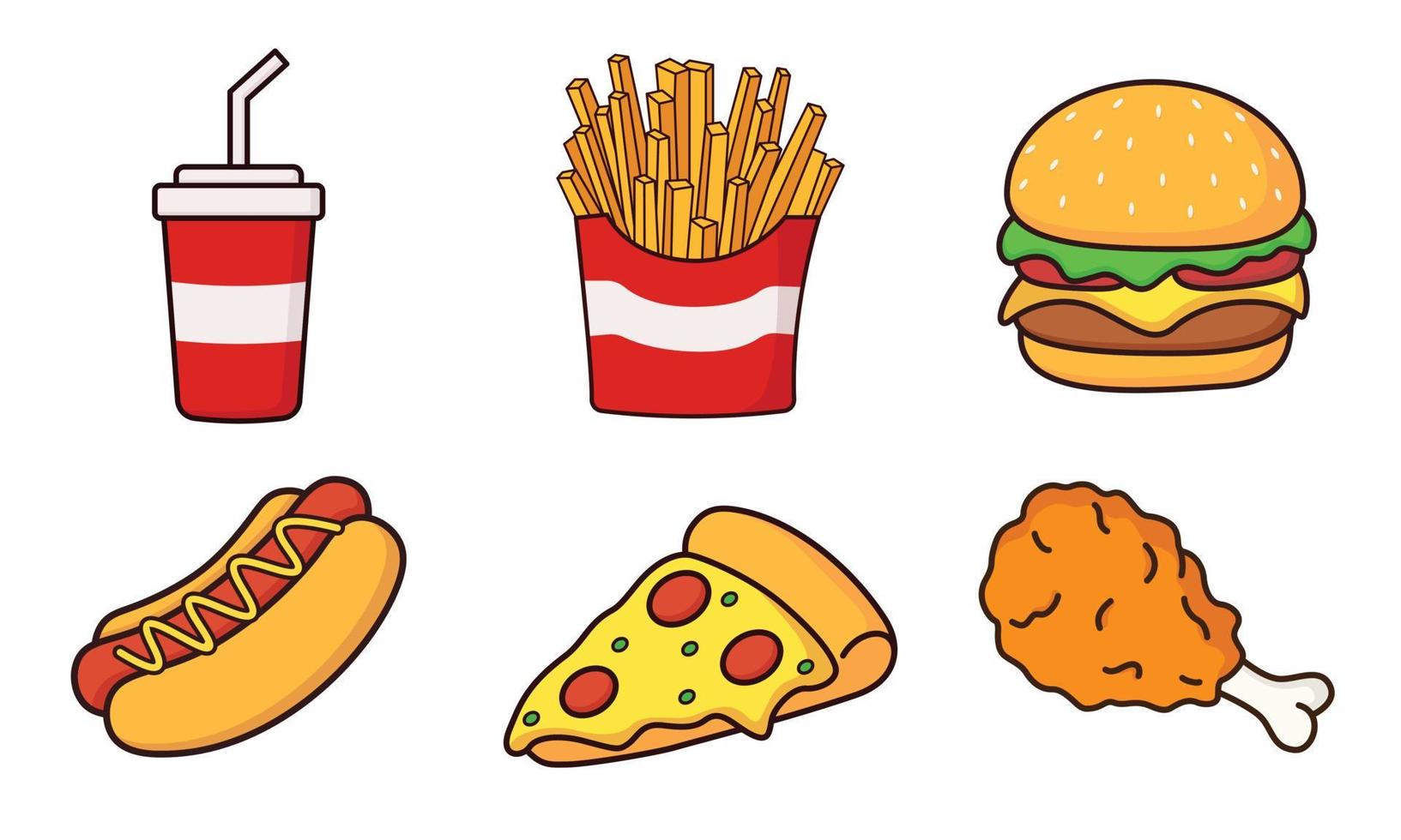 Fast food cartoon icon vector collection. Pizza, burger, chicken leg, hotdog, french fries, soda cup. Food and drink icon concept illustration