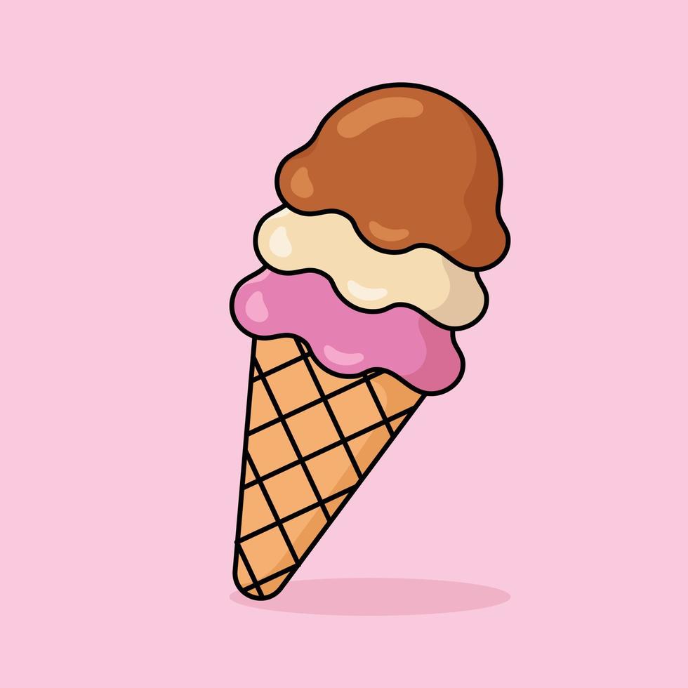 Cute ice cream scoop cartoon icon vector. Strawberry, vanilla, and chocolate scoops in waffle cone. Desserts and Sweet Foods Flat Design icon concept. Vector flat outline icon