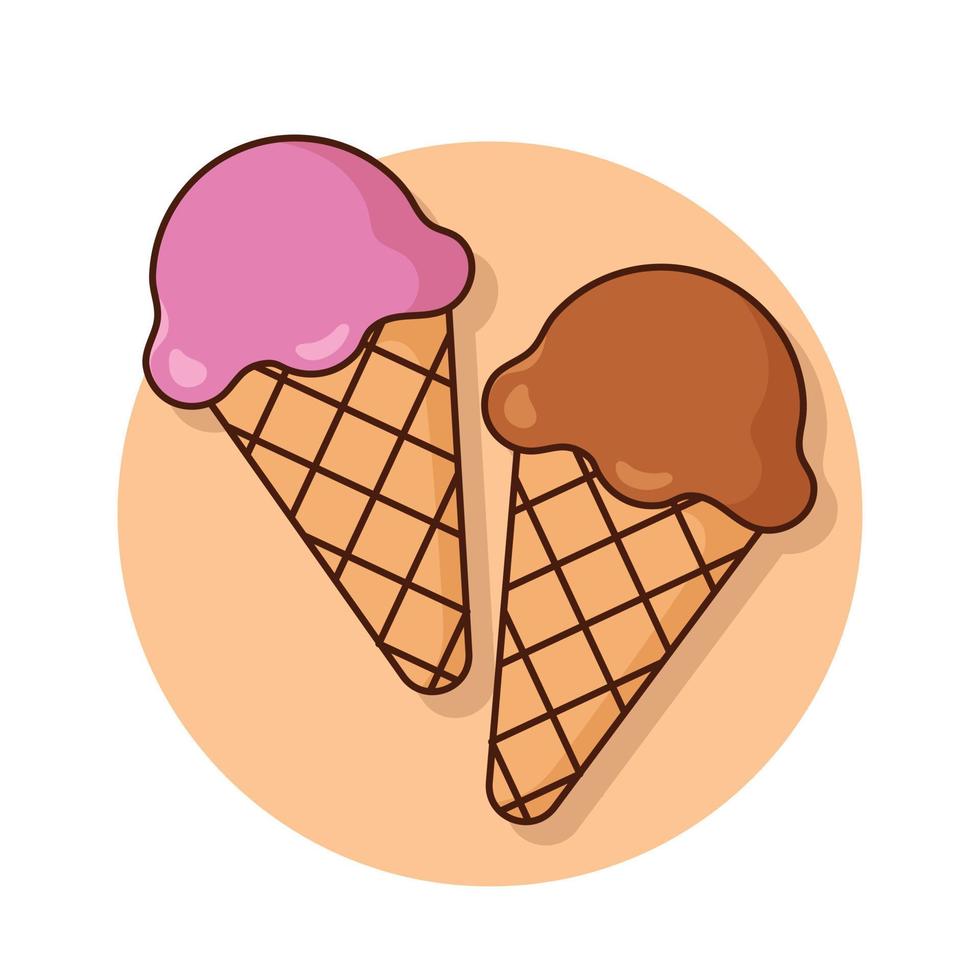 linda hielo crema cucharón dibujos animados icono vector. fresa y chocolate cucharadas en gofre cono. postres y dulce comidas plano diseño icono concepto. vector plano contorno icono