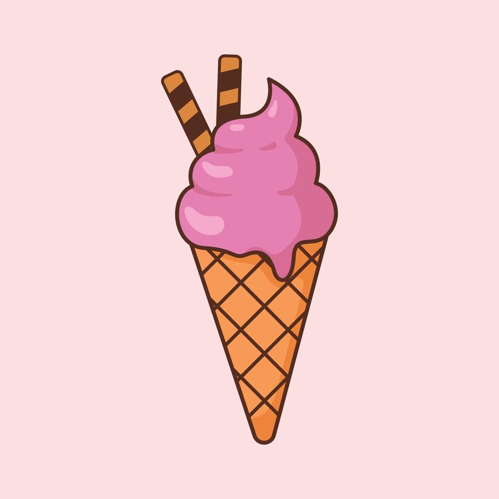 Cute Strawberry ice cream cartoon icon vector illustration. Desserts and Sweet Foods Flat Design icon concept. Vector flat outline icon