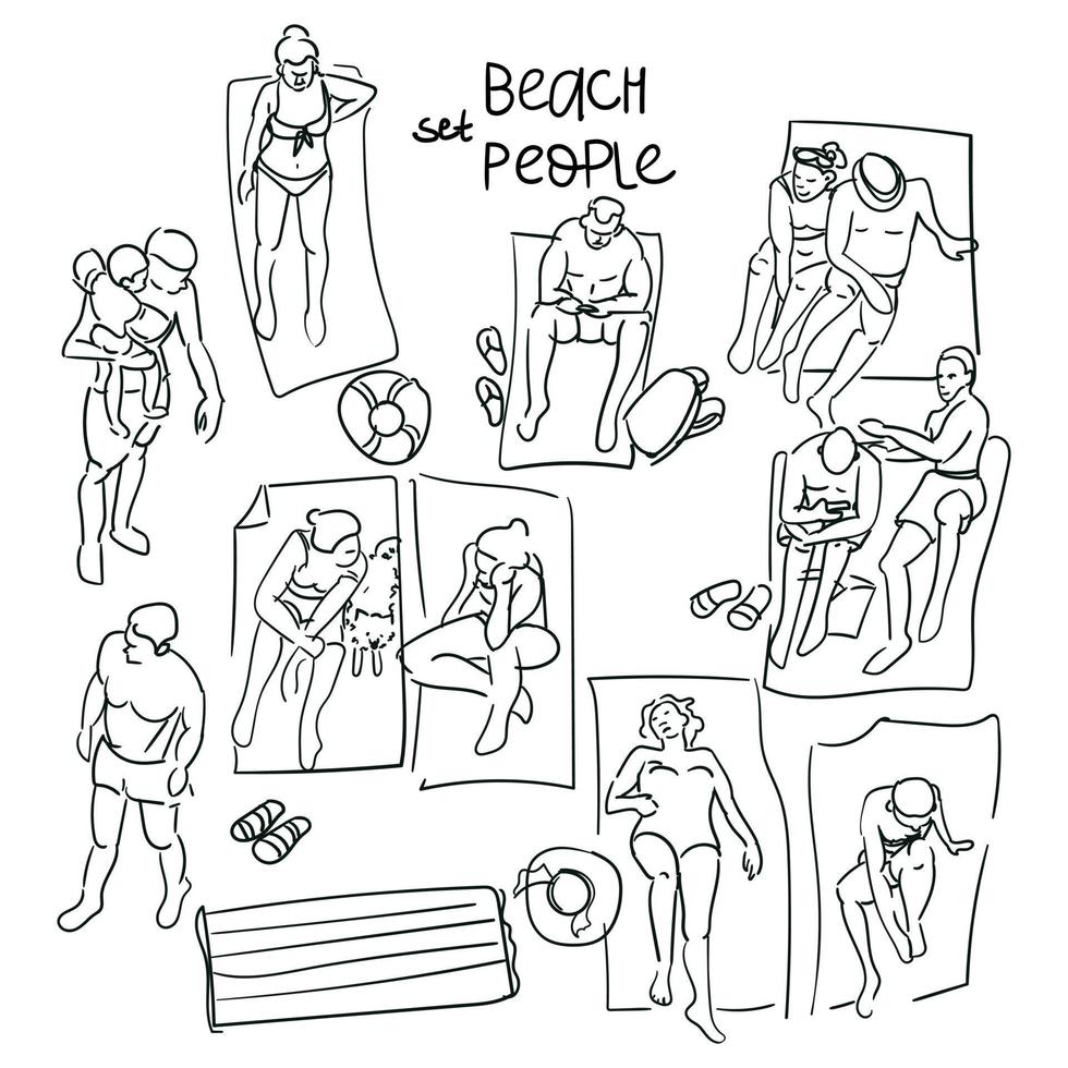 A set of people sunbathing on the beach in the style of sketches. A linear outline in the form of a sketch on a white background. A small sketch for the background. beach vibe, the atmosphere, relax vector