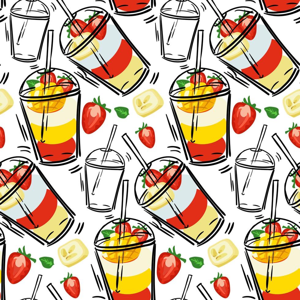 Seamless pattern with puff smoothies. A hand-drawn glass with drinks and fruits. Cute bright vector illustration. Colorful background with fruit juice stains in layers. A mix of drinks. Printing