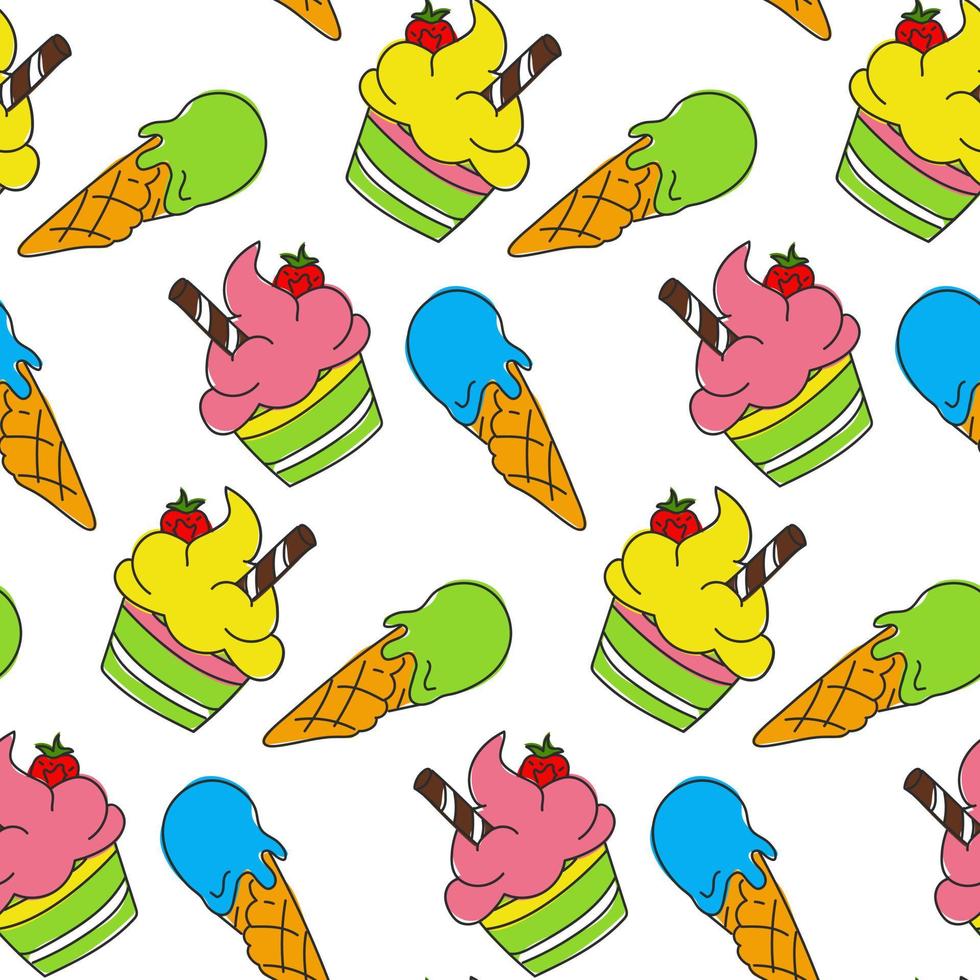 A pattern with bright ice cream in a cone and a paper cup. Seamless background. Ice cream in a doodle-style cone with colored spots on the background. Background for printing on textiles and paper vector