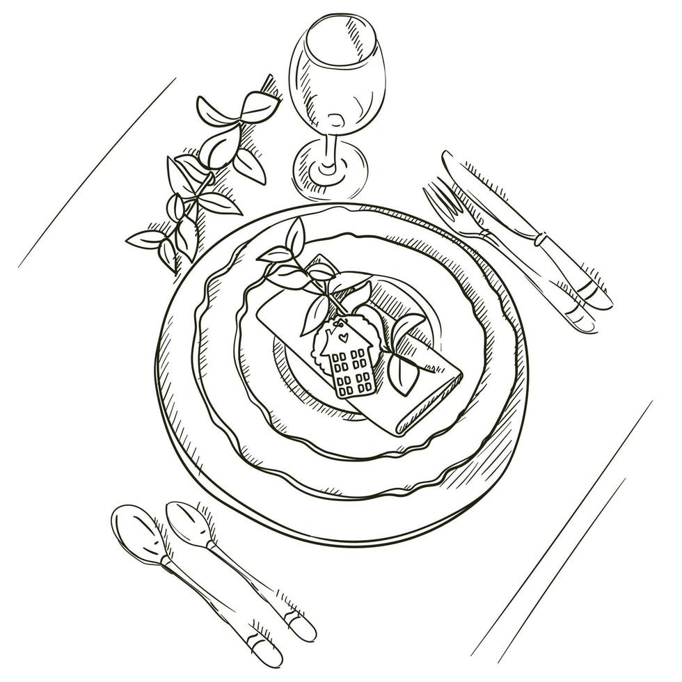 A hand-drawn sketch of a dinner service for a wedding ceremony. Preparation for the wedding ceremony. Plates, champagne glasses, knife, spoon, fork, napkin, wine glass. Serving. On a white background vector