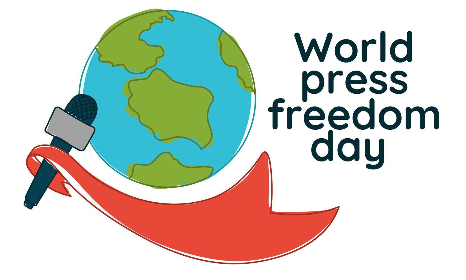 Banner for the World Press Freedom Day - May 3. Contour drawing with microphone spots with a developing ribbon on the ground background. Color illustration. A simple banner to print vector