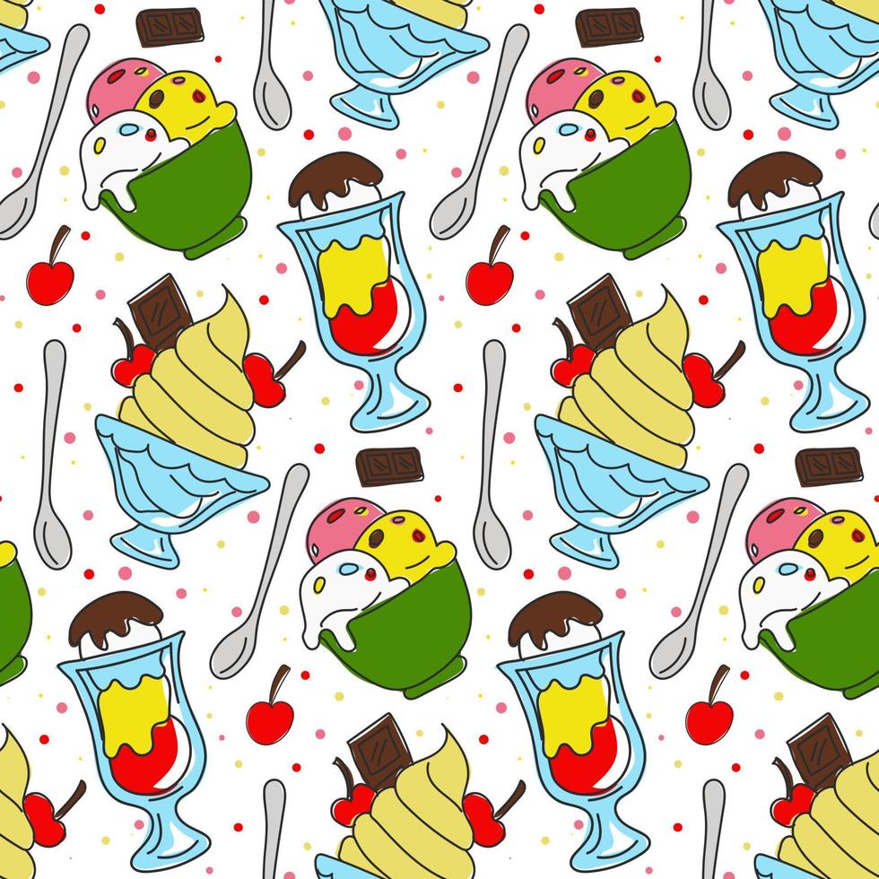 Funny pattern of ice cream on a white background. Background illustration with scribbles of ice cream and the color of the spots. Assorted ice cream for printing, adding, greeting cards and textiles vector