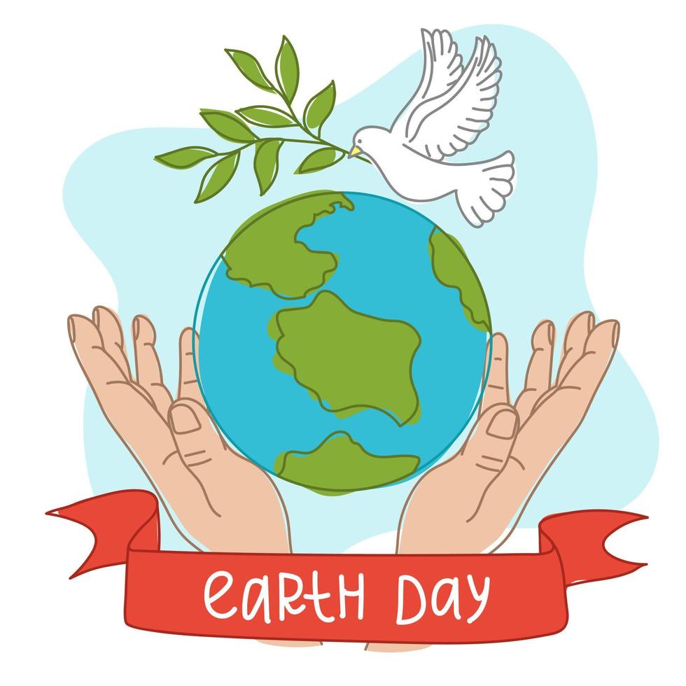 Happy Earth Day. Light male hands hold the globe, a growing branch, a flying white dove. The concept of Earth Day. A modern illustration in the style of a flat cartoon. Simple color illustration Print vector