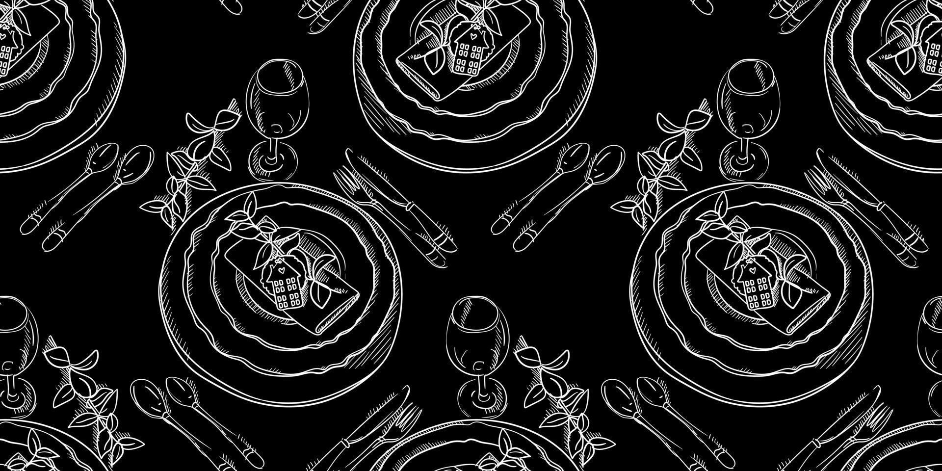 A pattern with a hand-drawn sketch of a dinner service for a wedding ceremony. Preparation for the wedding ceremony. Plates, champagne glasses, knife, spoon, fork, napkin, wine glass. Print background vector