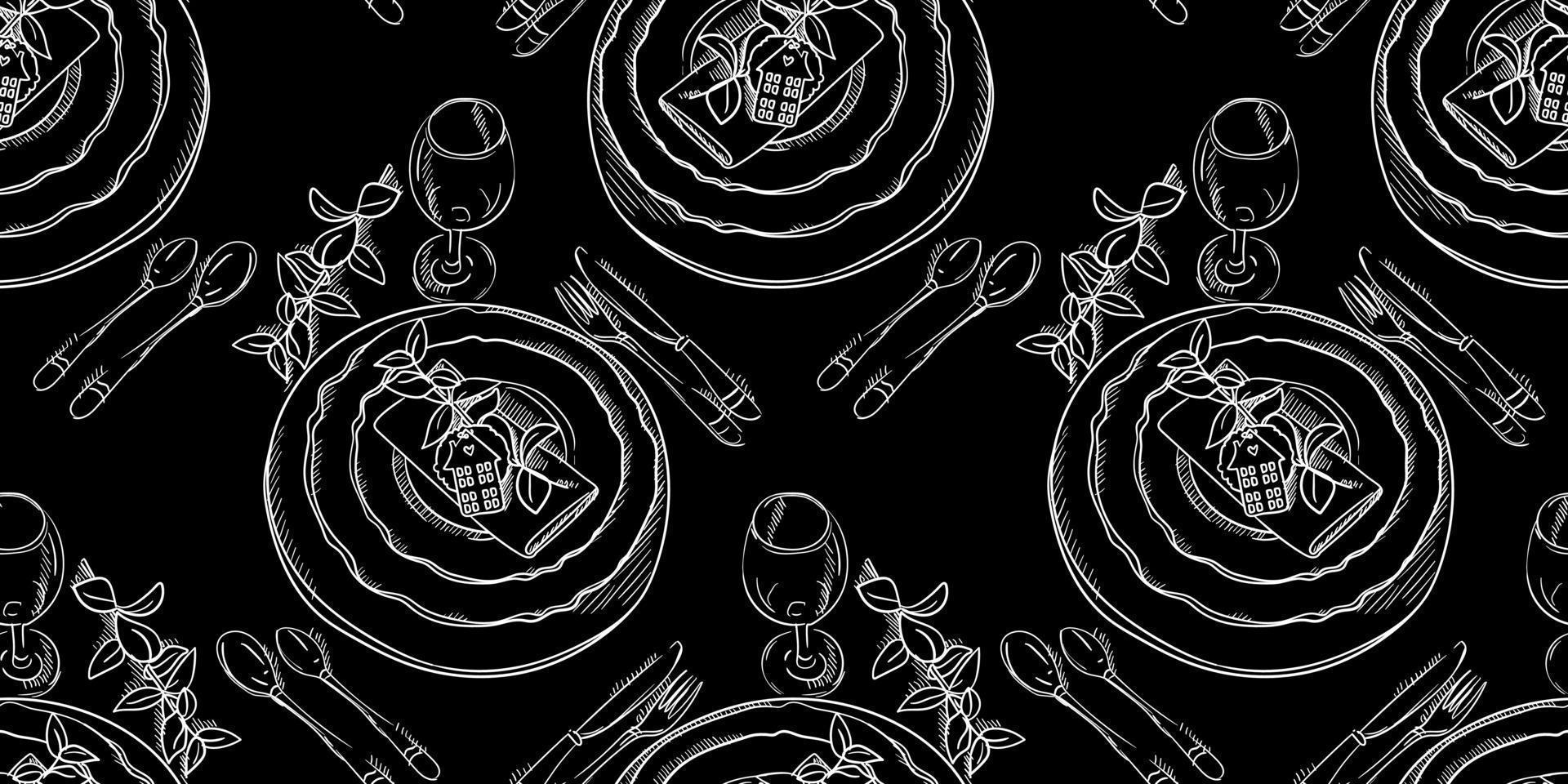 A pattern with a hand-drawn sketch of a dinner service for a wedding ceremony. Preparation for the wedding ceremony. Plates, champagne glasses, knife, spoon, fork, napkin, wine glass. Print background vector