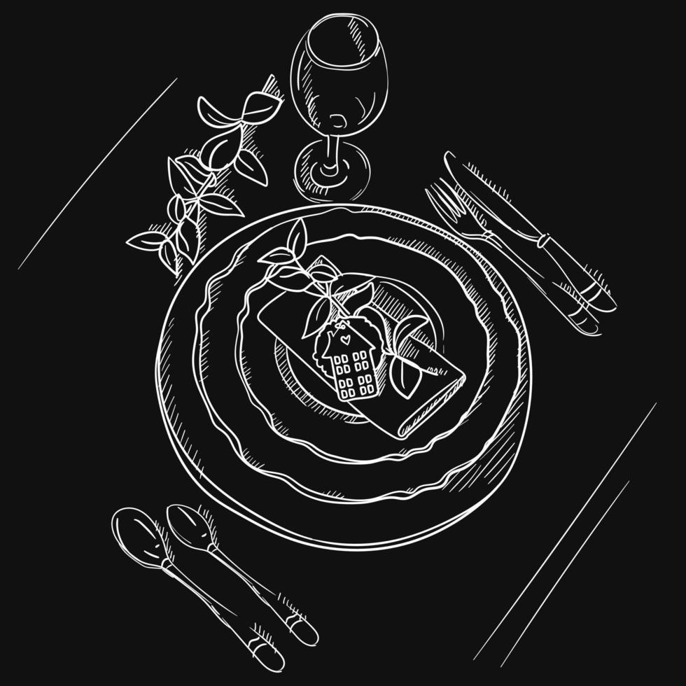 A hand-drawn sketch of a dinner service for a wedding ceremony. Preparation for the wedding ceremony. Plates, champagne glasses, knife, spoon, fork, napkin, wine glass. Serving. On a dark background vector