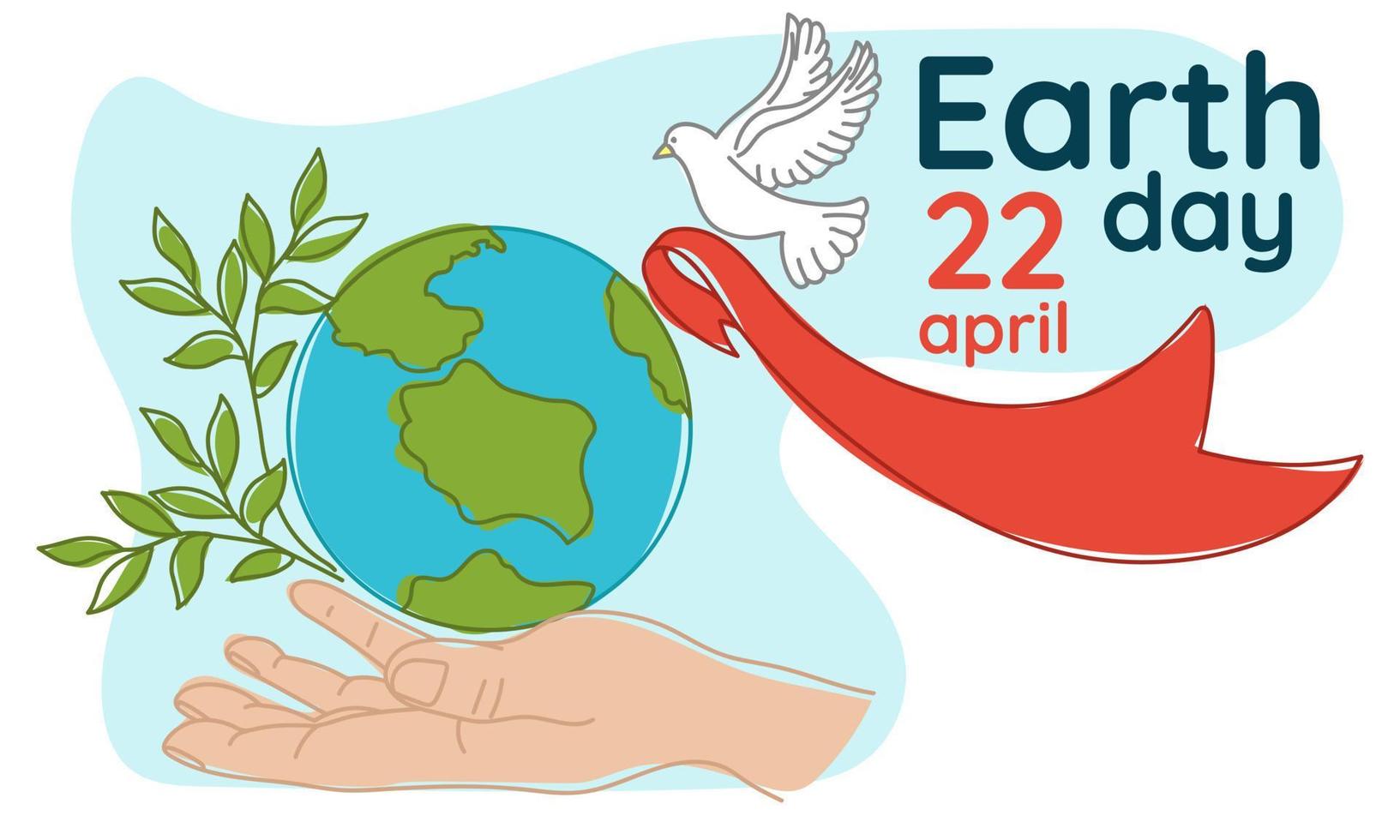 Happy Earth Day. Light male hands hold the globe, a growing branch, a flying white dove. The concept of Earth Day. A modern illustration in the style of a flat cartoon. Simple color illustration Print vector