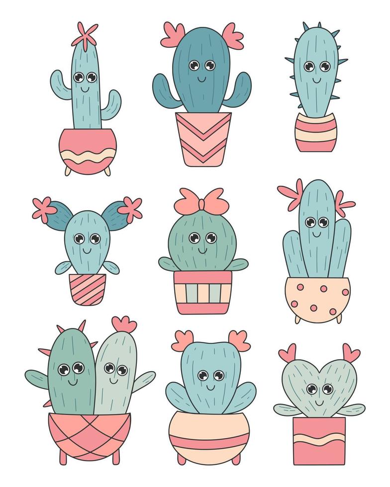 Cactus kawaii set vector