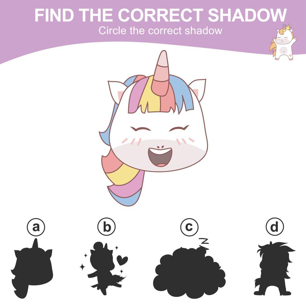 Find the correct shadow. Matching unicorn shadow game for children. Worksheet for kid. Educational printable worksheet. Vector illustration.