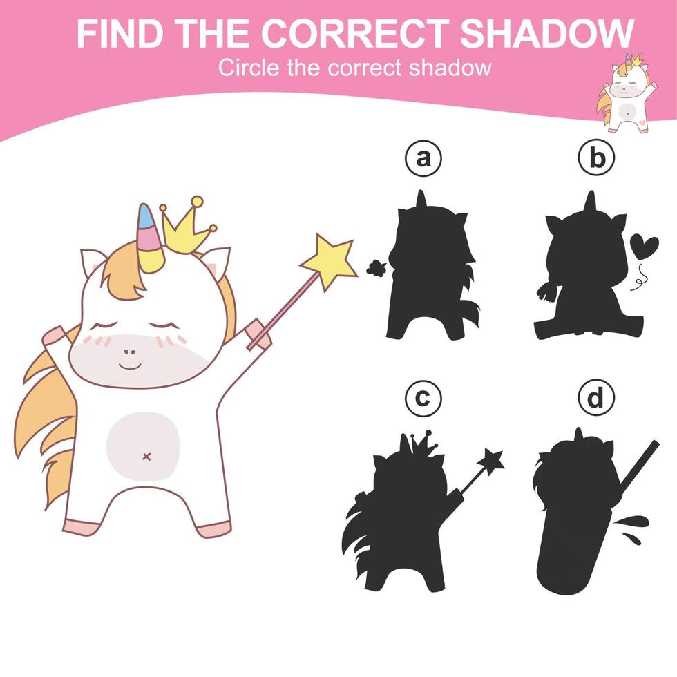 Find the correct shadow. Matching unicorn shadow game for children. Worksheet for kid. Educational printable worksheet. Vector illustration.