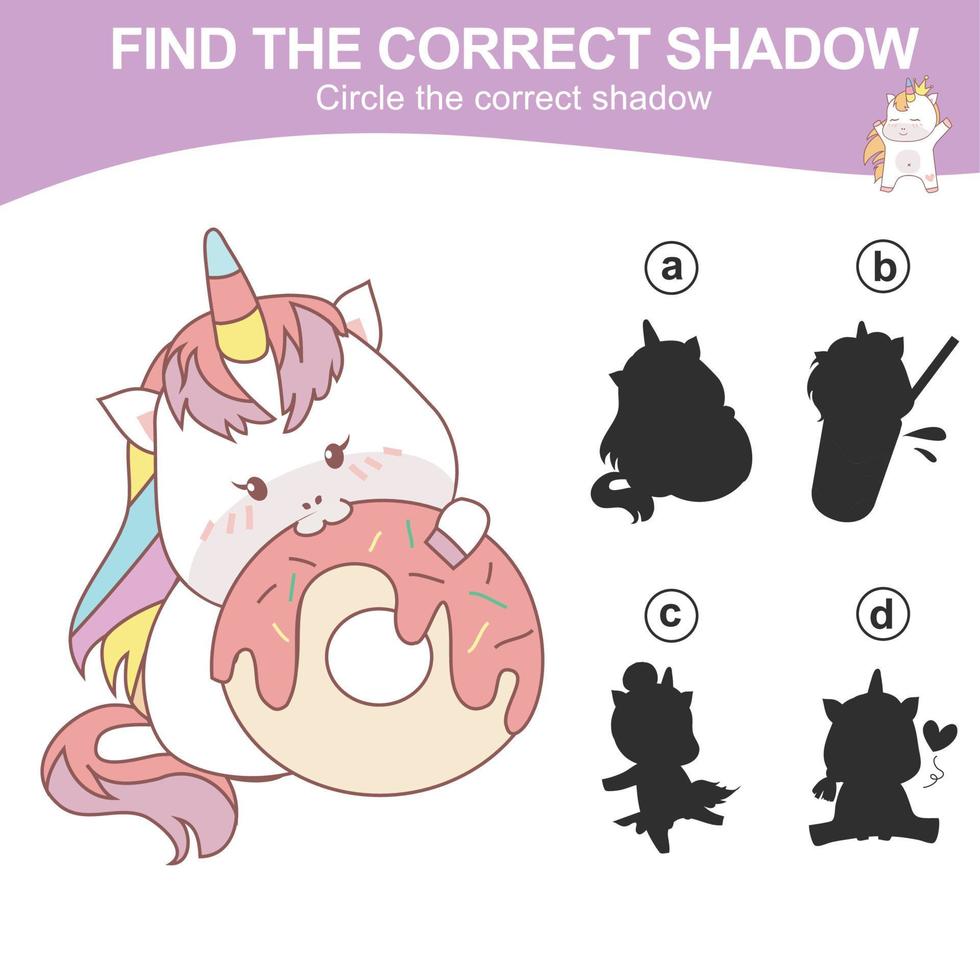 Find the correct shadow. Matching unicorn shadow game for children. Worksheet for kid. Educational printable worksheet. Vector illustration.