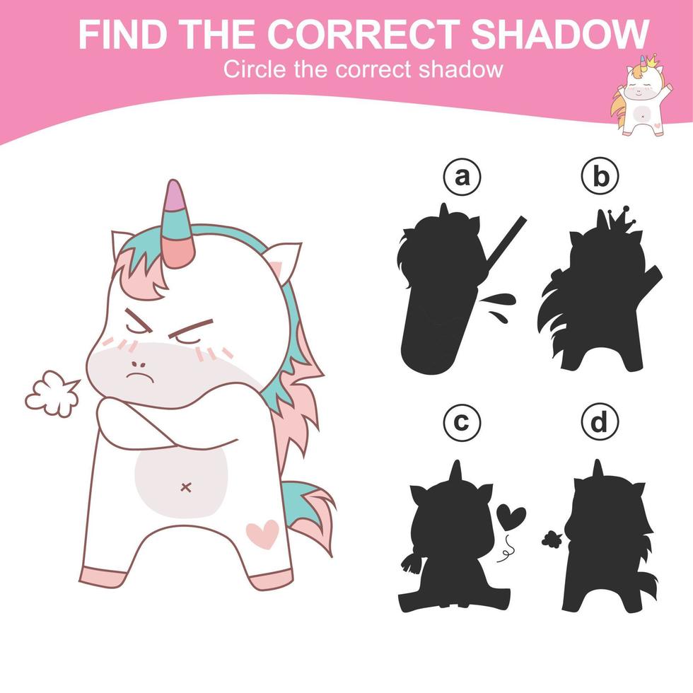 encontrar el correcto sombra. pareo unicornio sombra juego para niños. hoja de cálculo para niño. educativo imprimible hoja de cálculo. vector ilustración.