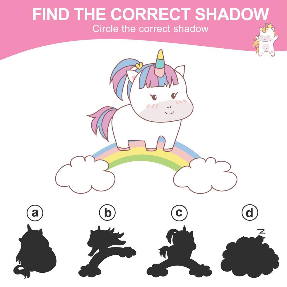 Find the correct shadow. Matching unicorn shadow game for children. Worksheet for kid. Educational printable worksheet. Vector illustration.