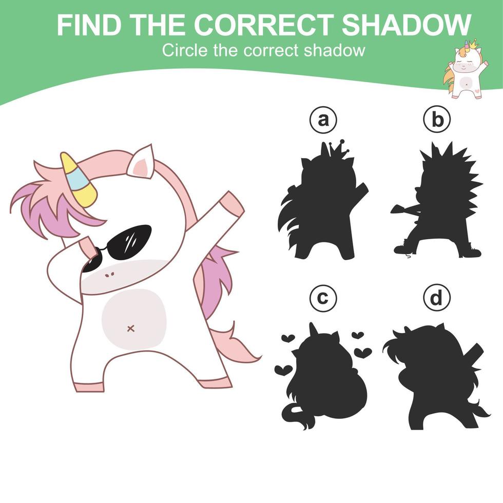 Find the correct shadow. Matching unicorn shadow game for children. Worksheet for kid. Educational printable worksheet. Vector illustration.