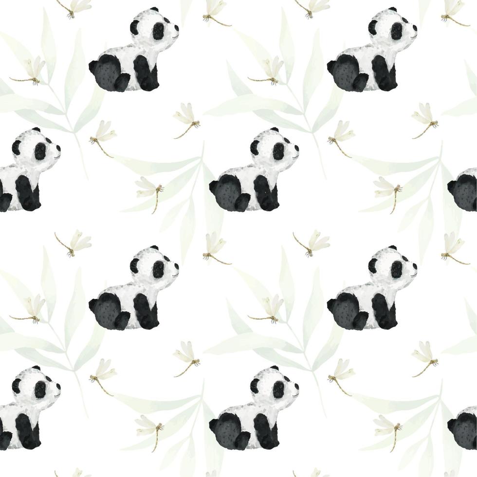 linda sentado panda, libélulas, bambú hojas. acuarela sin costura modelo en un blanco antecedentes. para niños tropical dibujo de un linda panda. para textiles, embalaje, fondo de pantalla, postales vector