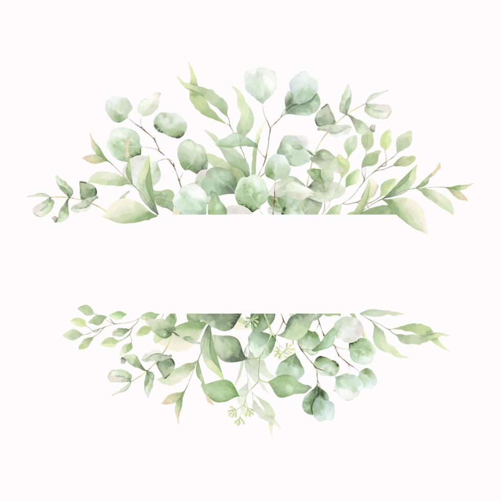 Frame made of green eucalyptus branches and leaves. Watercolor illustration drawn by hands. For wedding invitations, postcard design and stationery. vector