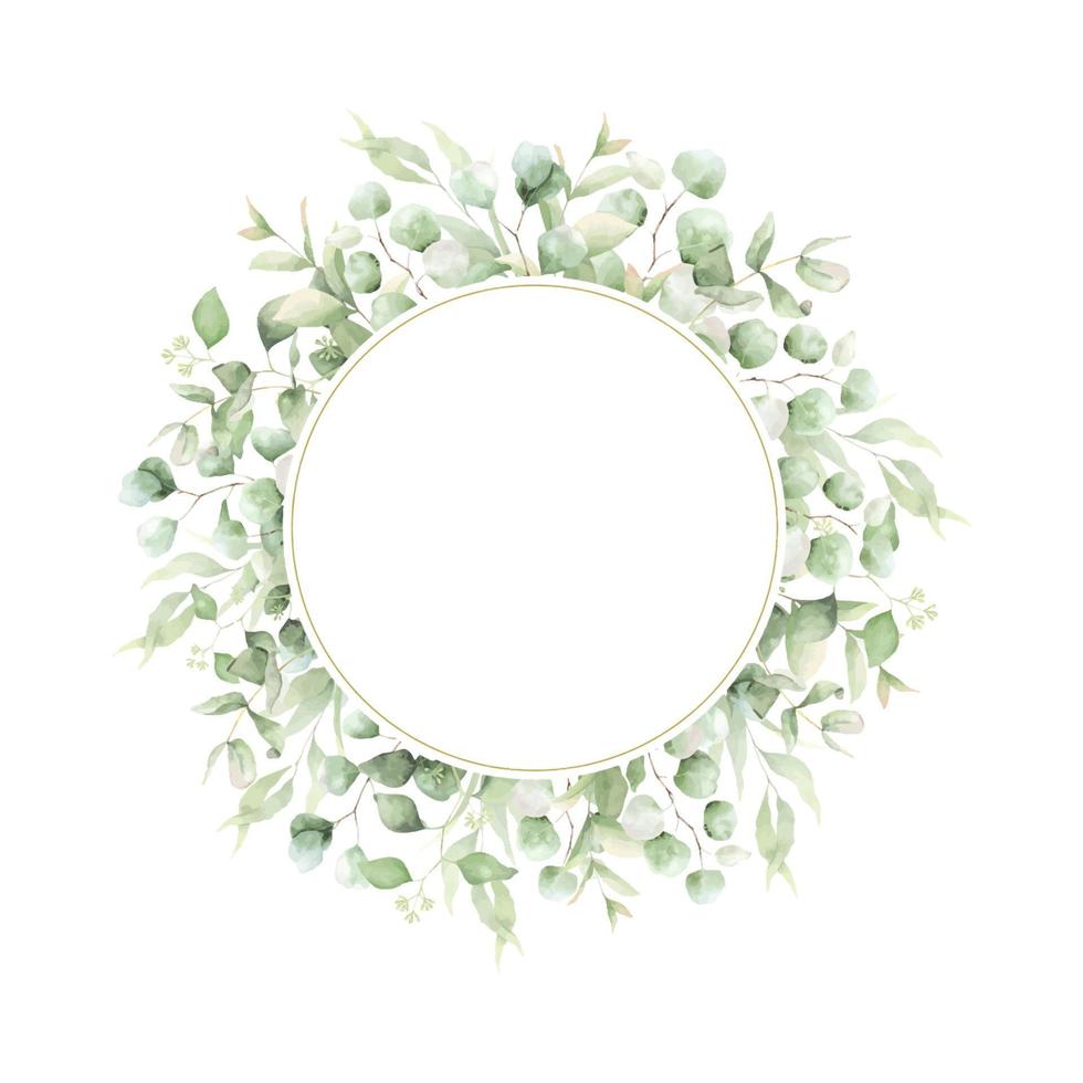 A round frame made of green branches and eucalyptus leaves. A wreath of eucalyptus. Hand-drawn illustration. For wedding invitations, postcard design and stationery. vector