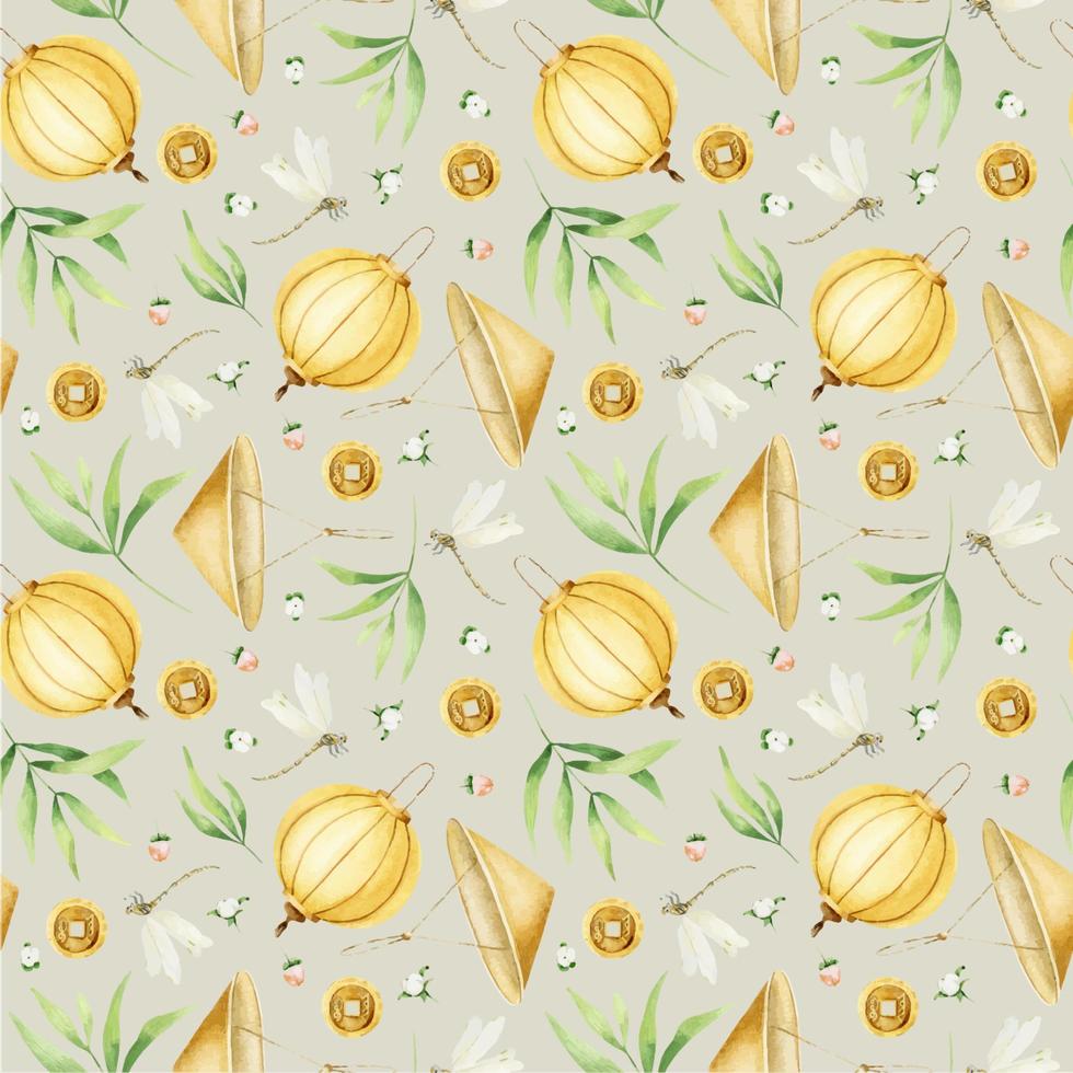 Yellow Chinese paper lanterns, dragonflys, traditional chinese hat, bamboo leaves, chinese ancient coins. Seamless pattern. Chinese New Year. Asian background with holiday symbols. vector