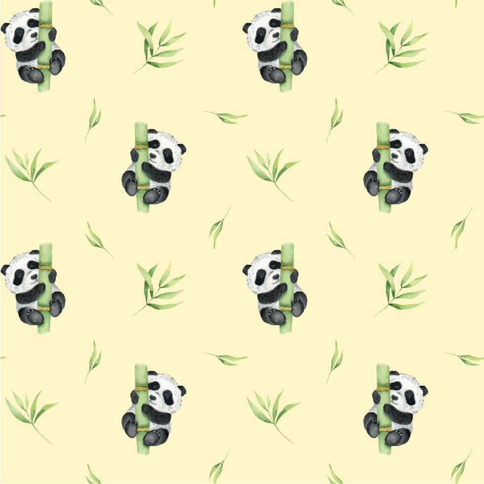 Cute panda is holding on to a bamboo stalk, bamboo leaves. Watercolor seamless pattern. Asian culture. For textiles, packaging, wallpaper, postcards. vector