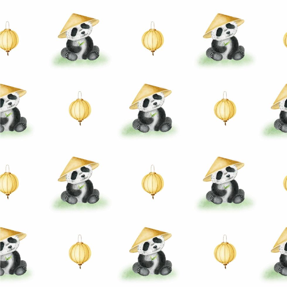 Cute panda in a traditional Chinese hat, Yellow Chinese paper lanterns. Watercolor seamless pattern. Chinese New Year. Asian background with holiday symbols. vector