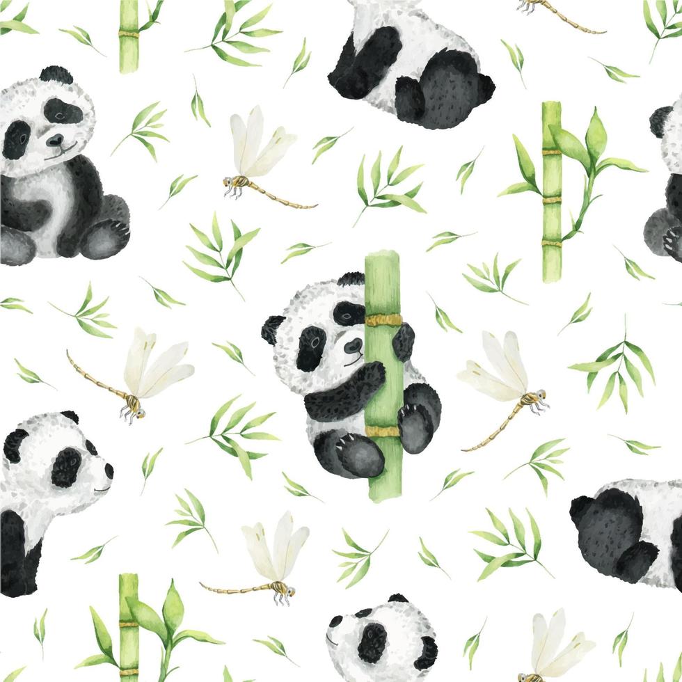 linda panda, bambú, libélulas, bambú hojas. acuarela sin costura modelo en un blanco antecedentes. para niños tropical dibujo de un linda panda. para textiles, embalaje, fondo de pantalla, postales vector