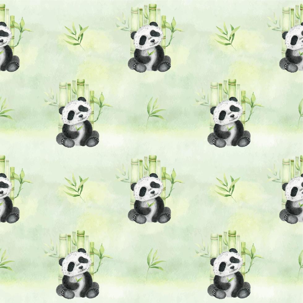 WebCute sitting panda holding a bamboo leaf, bamboo leaves. Seamless pattern on a watercolor green background. Asian culture. For textiles, packaging, wallpaper, postcards. vector