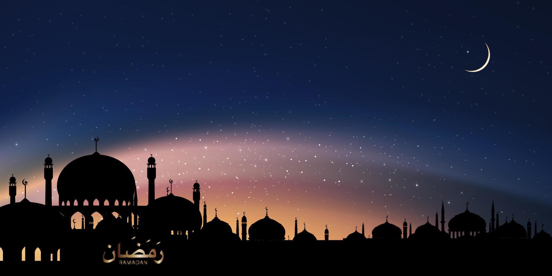 Ramadan calligraphy Arabic with Silhouette Dome Mosques,Crescent moon