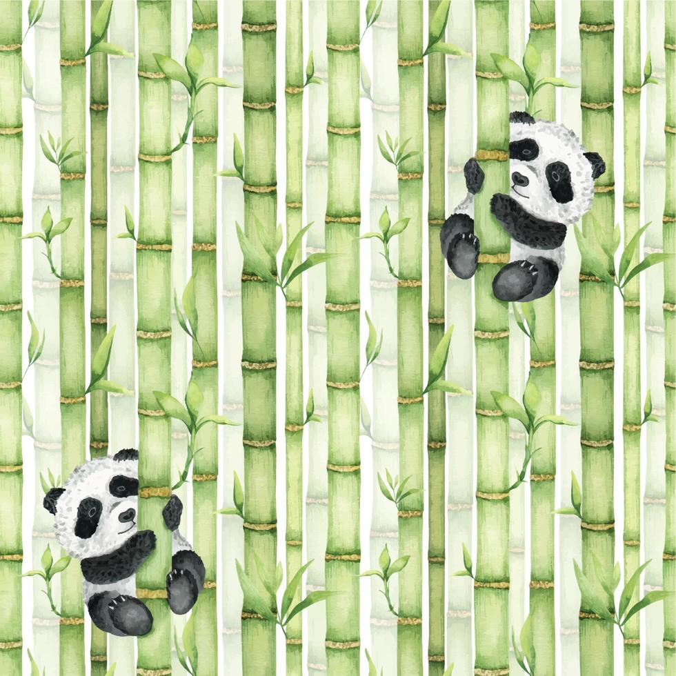 Cute panda is holding on to a bamboo stalk, bamboo stalks. Bamboo forest. Watercolor seamless pattern. Asian culture. For textiles, packaging, wallpaper, postcards. vector