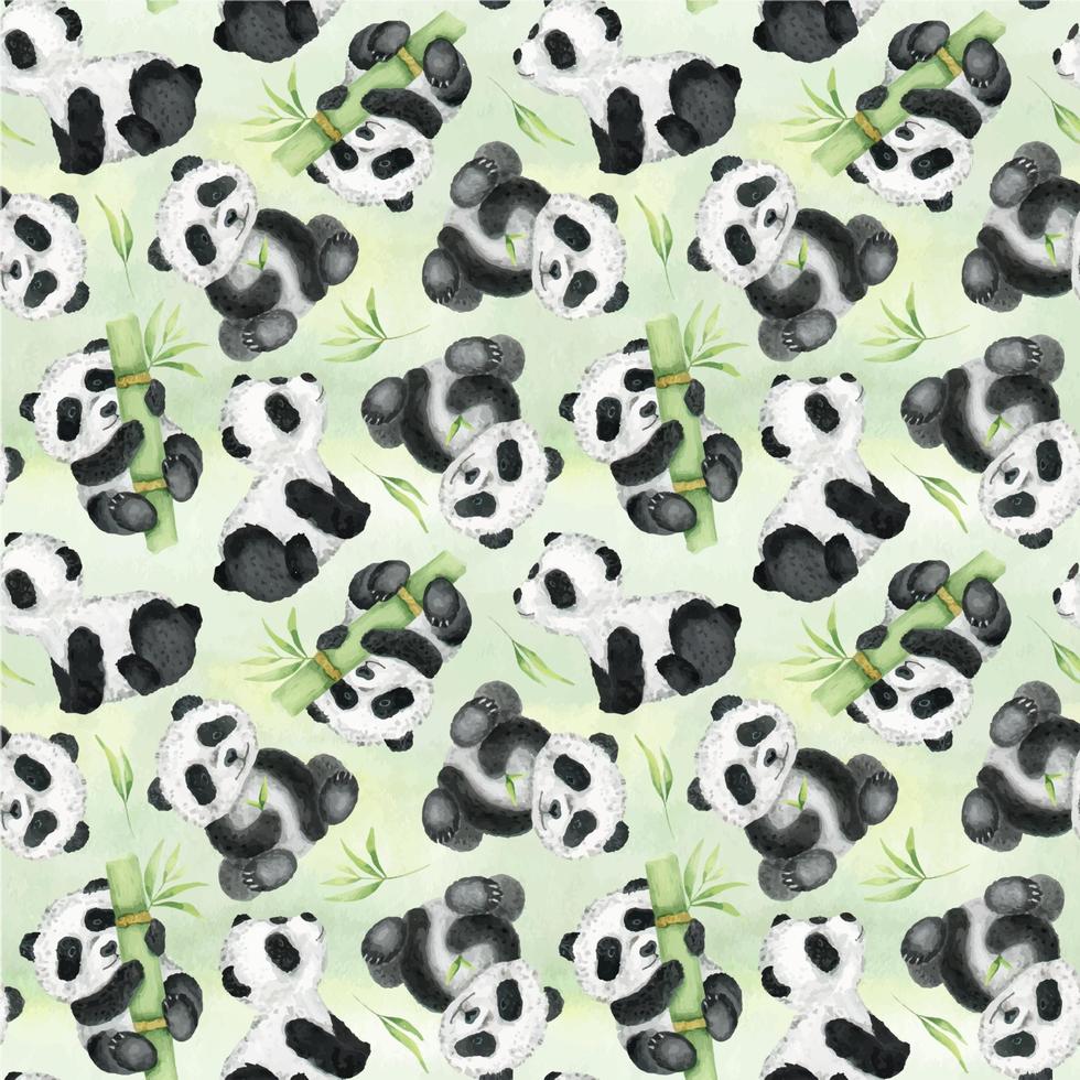 Cute pandas and bamboo on a watercolor green background. Watercolor seamless pattern. Children's tropical drawing of a cute panda. For textiles, wrapping paper, greeting cards vector