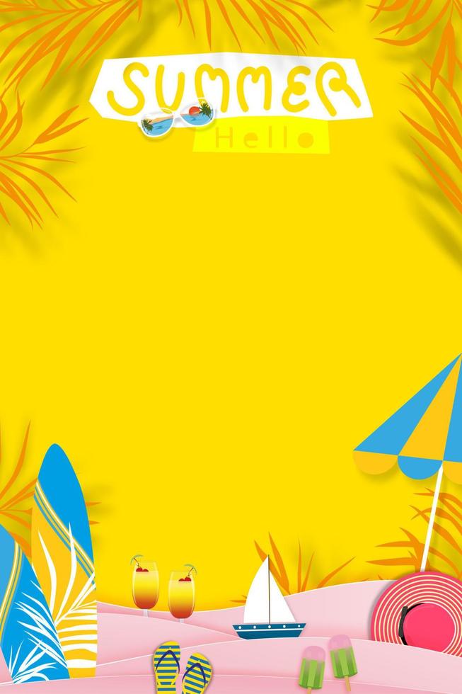 Summer scene background,Top view Beach vacation holiday with pink wave layer and copy space,Vector paper cut Tropical Summer, palm leaves, surfboard, ice cream, sandal, umbrella on yellow background vector