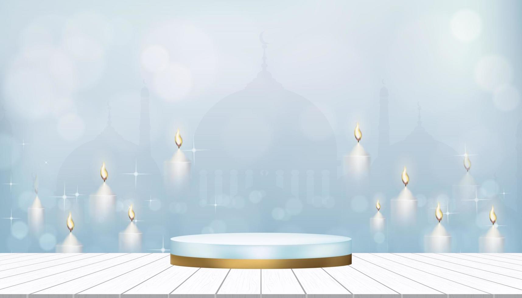 islámico 3d podio con mezquitas sombra y velas iluminación, vector fondo religión de musulmán simbólico, eid Alabama fitr, ramadán kareem, eid Alabama adha, eid Mubarak