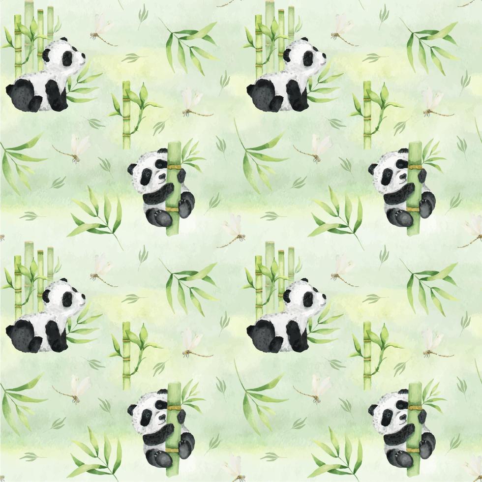 linda panda, bambú, libélulas, bambú hojas. acuarela sin costura modelo en un acuarela verde antecedentes. para niños tropical dibujo de un linda panda. para textiles, embalaje, papel tapiz, postales. vector